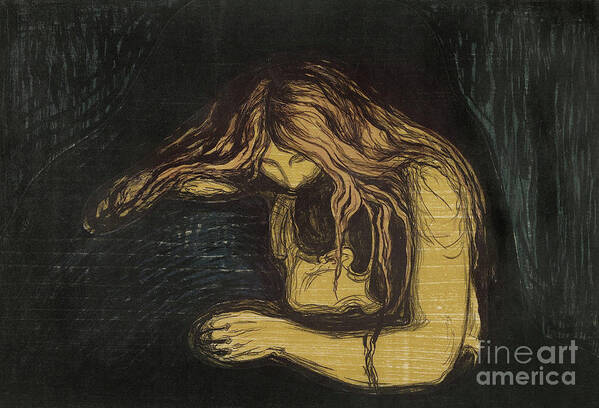 Love And Pain Art Print featuring the painting Vampire, 1895 to 1902 by Edvard Munch