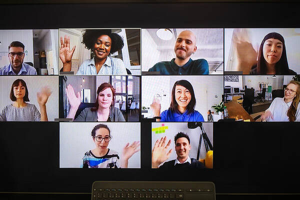 New Business Art Print featuring the photograph Video meeting on desktop screen by Luis Alvarez