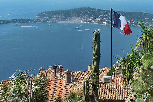 French Flag Art Print featuring the photograph View from Exotic Cactus Garden of Eze, France over Tiled Rooftops and French Riviera by Nikolyn McDonald