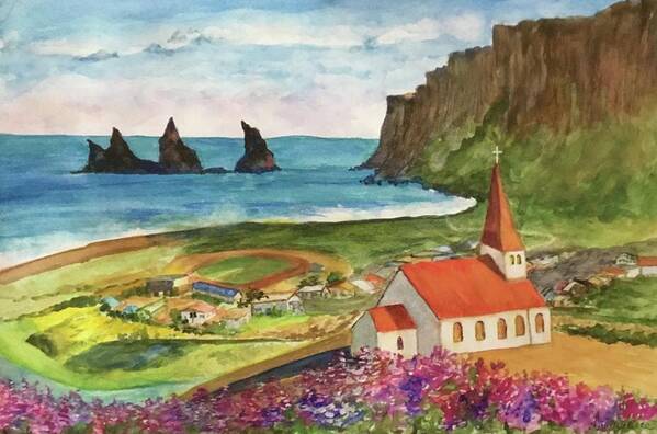 Vik Art Print featuring the painting View of Iceland by Cheryl Wallace