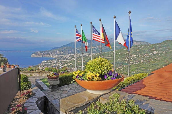 Sorrento Art Print featuring the photograph View of Sorrento With Flags by Yvonne Jasinski