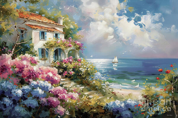 Villa Art Print featuring the painting Villa By The Sea by Tina LeCour