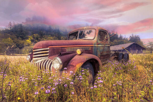 1941 Art Print featuring the photograph Vintage Chevy PIckup Truck in the Mountain Wildflowers at Sunris by Debra and Dave Vanderlaan