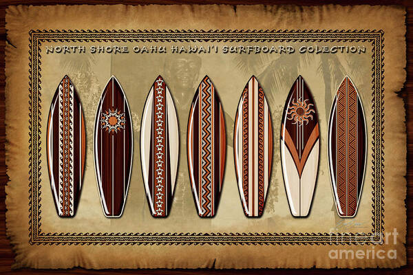 Surfboards Art Print featuring the photograph Vintage Hawaiian Wooden Surfboard Collection With Border and Hawaiian surfing legend Duke Kahanamoku by Aloha Art