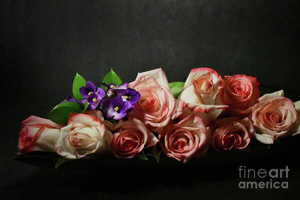 Floral Design Art Print featuring the photograph Violets and Pink Roses by Diana Mary Sharpton