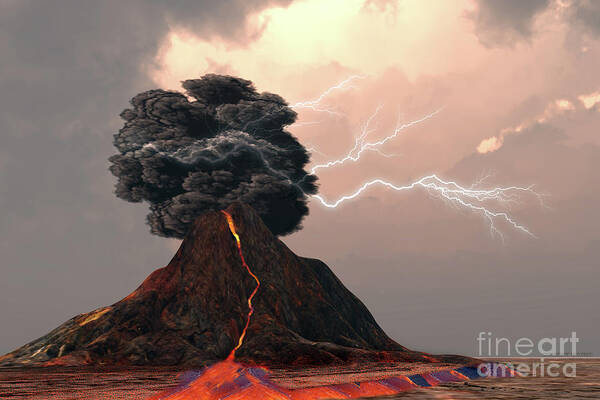 Volcanic Art Print featuring the digital art Volcano and Lightning by Corey Ford