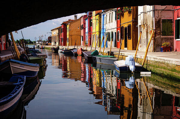 Italy Art Print featuring the photograph Water reflection of colorful houses by Adelaide Lin