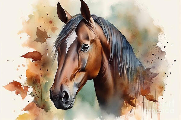 Horse Art Print featuring the painting watercolor Horse portrait painting, by N Akkash