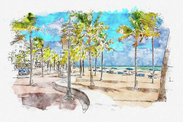 Fort Lauderdale Art Print featuring the digital art Watercolor painting illustration of Seafront beach promenade with palm trees in Fort Lauderdale by Maria Kray