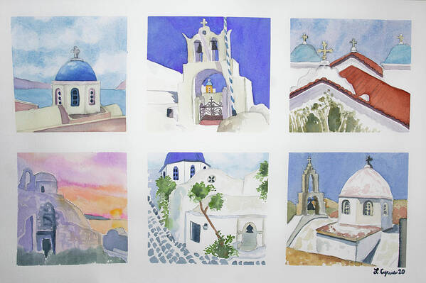 Six Art Print featuring the painting Watercolor - Six Greek Island Churches by Cascade Colors