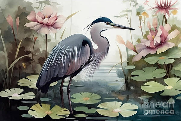 Bird Art Print featuring the painting Watercolor wallpaper Digital drawing of a water heron with lotus by N Akkash