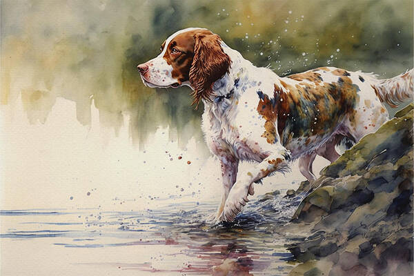 Dog Art Print featuring the painting Welsh Springer Spaniel by the River by Kai Saarto