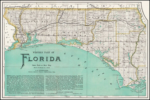 Florida Map Art Print featuring the photograph Western Florida Vintage Map 1890 by Carol Japp