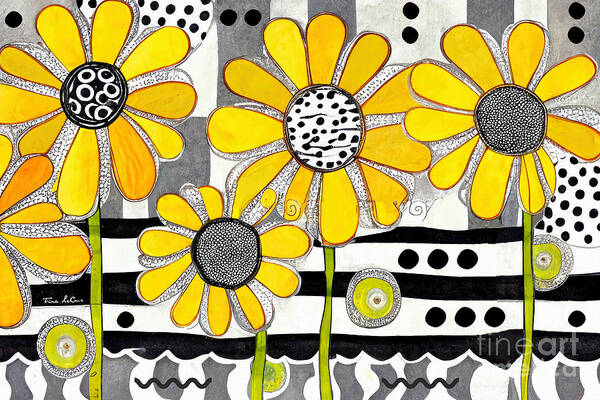 Yellow Daisies Art Print featuring the painting Whimsical Yellow Daisies by Tina LeCour
