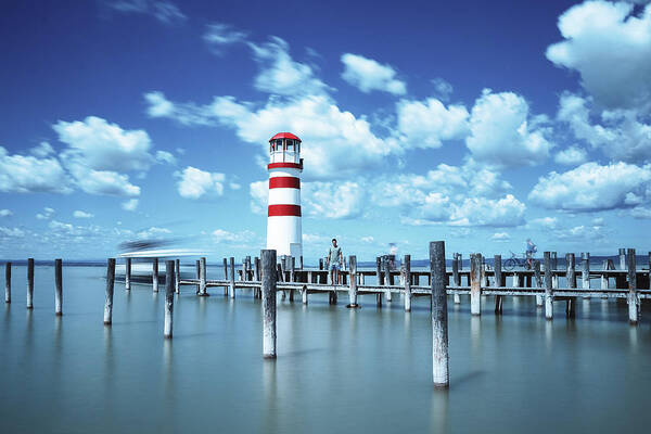 Destinations Art Print featuring the photograph White-red lighthouse in Podersdorf am See by Vaclav Sonnek