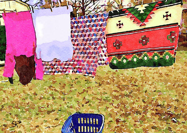Laundry Day Art Print featuring the digital art Winter Laundry Day Watercolor Painting by Shelli Fitzpatrick