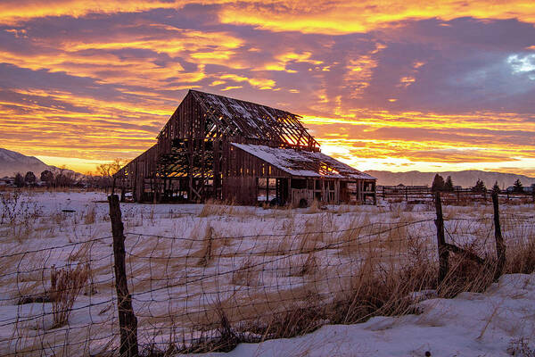 Barn Art Print featuring the photograph Winter Sunset at Mapleton Barn by Wesley Aston