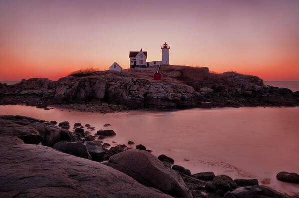 Landscape Art Print featuring the photograph Winter's Dawn at Nubble Light, York, ME by Betty Denise