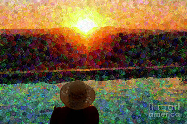 Woman Art Print featuring the photograph Woman in Hat Watching the Sunset by Katherine Erickson