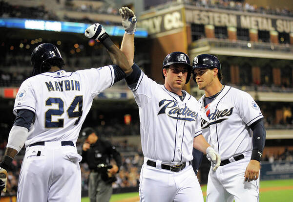 Second Inning Art Print featuring the photograph Yasmani Grandal, Cameron Maybin, and Jedd Gyorko by Denis Poroy
