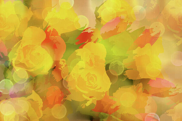 Botanical Art Print featuring the mixed media Yellow Floral Abstract with Bokeh by Shelli Fitzpatrick