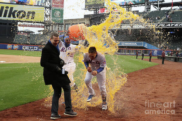 Yoenis Cespedes Art Print featuring the photograph Yoenis Cespedes and Wilmer Flores by Al Bello