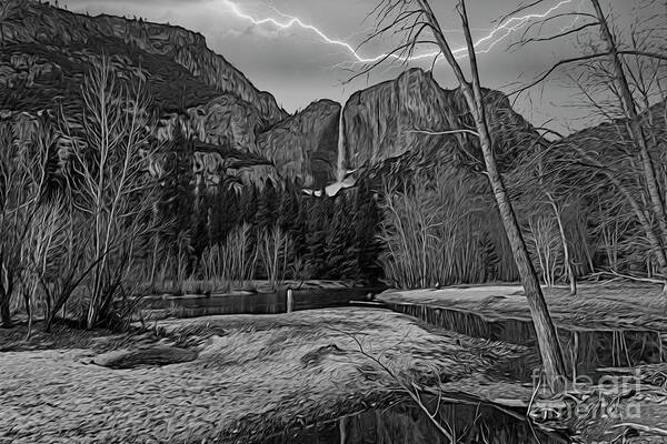Yosemite National Park Art Print featuring the photograph Yosemite Falls Nature BW by Chuck Kuhn