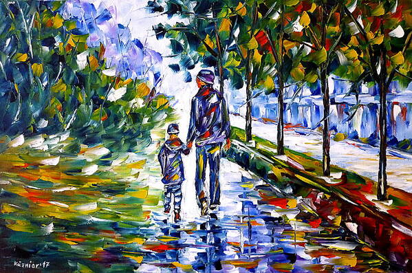 Autumn Walk Art Print featuring the painting Young Father With Son by Mirek Kuzniar
