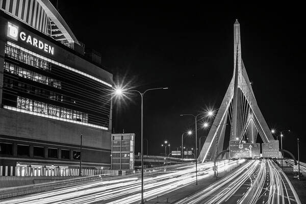 Boston Art Print featuring the photograph Zakim Bridge and TD Garden Boston MA long exposure Black and White by Toby McGuire