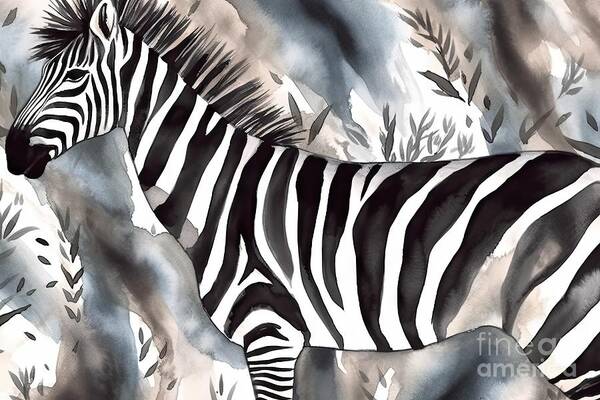 Zebra Art Print featuring the painting Zebra, horse seamless pattern, watercolor illustration. by N Akkash