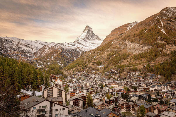 Cold Temperature Art Print featuring the photograph Zermatt village at sunrise with the Matterhorn by Benoit Bruchez