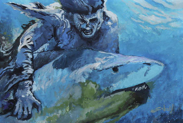 Shark Art Print featuring the painting Zombie vs Shark by Sv Bell