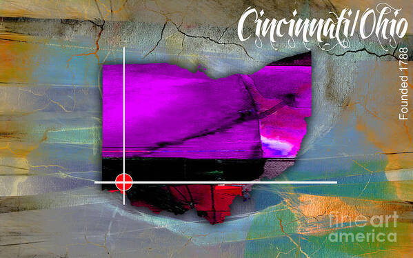 Cincinnati Art Art Print featuring the mixed media Cincinnati Ohio Map Watercolor #3 by Marvin Blaine