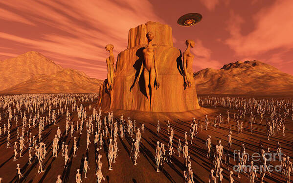Horizontal Art Print featuring the digital art Martians Gathering Around A Monument #1 by Mark Stevenson