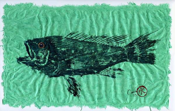 Gyotaku Art Print featuring the mixed media Sea Bass on Aegean Green Thai Unryu Paper #2 by Jeffrey Canha