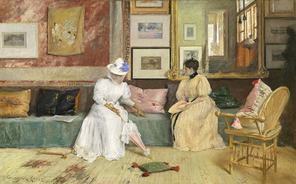 Sitting; Room; Parasol; Conversation; Interior; Society; American; Impressionist; Impressionism; Visit; Ten; Group; Friends; Conversing Art Print featuring the painting A Friendly Call by William Merritt Chase