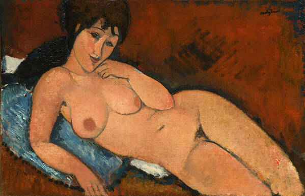 Amedeo Modigliani Art Print featuring the painting Nude on a Blue Cushion #6 by Amedeo Modigliani