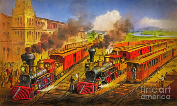 Railroad Art Print featuring the digital art All Aboard the Lightning Express 1874 by Lianne Schneider