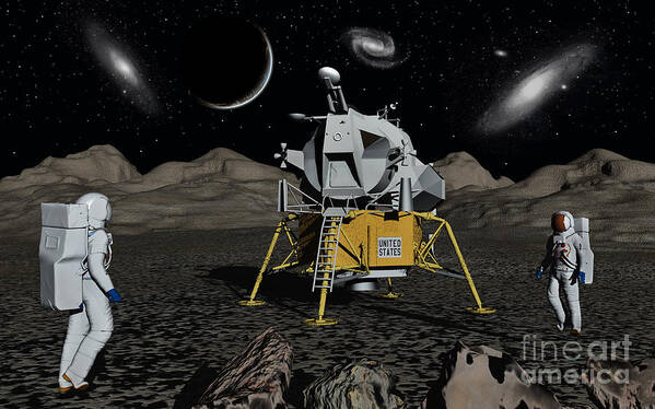 Horizontal Art Print featuring the digital art American Apollo Astronauts On The Lunar by Mark Stevenson