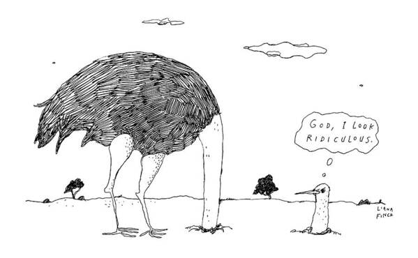 Captionless Ostrich Art Print featuring the drawing An Ostrich, With Its Head In The Ground, Peaks by Liana Finck