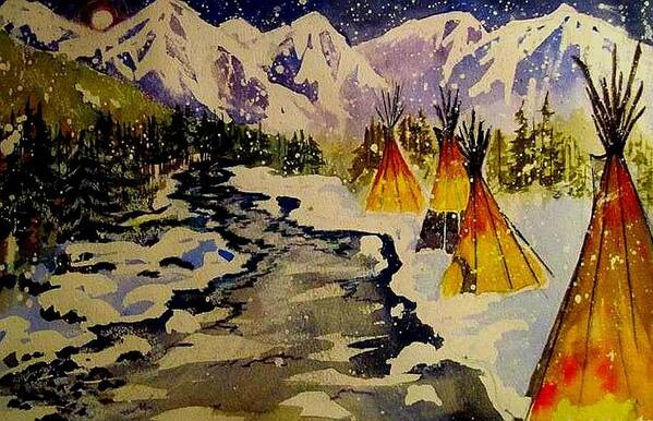 Winter Camp Teepee Tipi Snow Mountains Art Print featuring the painting Another Lifetime by Esther Woods