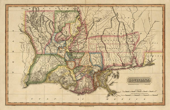Louisiana Art Print featuring the drawing Antique Map of Louisiana by Fielding Lucas - circa 1817 by Blue Monocle