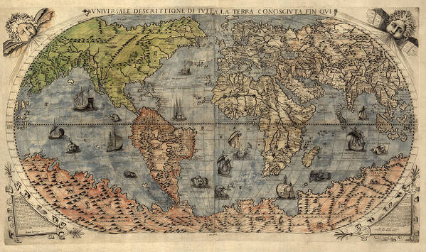 Map Art Print featuring the drawing Antique Map of the World by Paolo Forlani - 1565 by Blue Monocle