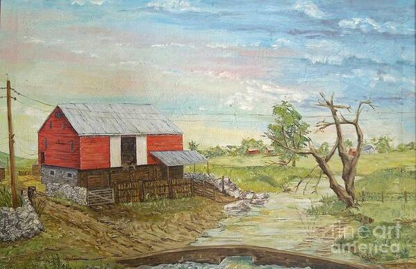 Red Art Print featuring the painting Barn Beside Cooks Creek by Judith Espinoza