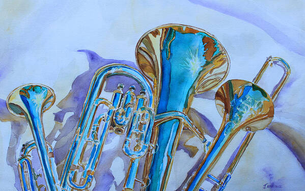 Trombone Art Print featuring the painting Brass Candy Trio by Jenny Armitage