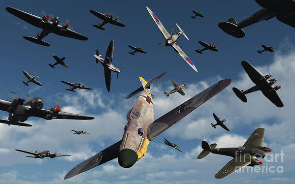 Artwork Art Print featuring the digital art British Supermarine Spitfires Attacking by Mark Stevenson