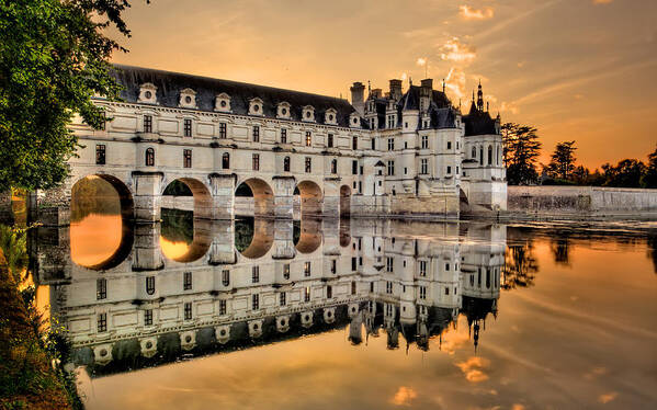 Chateau De Chenonceau Art Print featuring the photograph Chenonceau Castle in the twilight panorama by Weston Westmoreland
