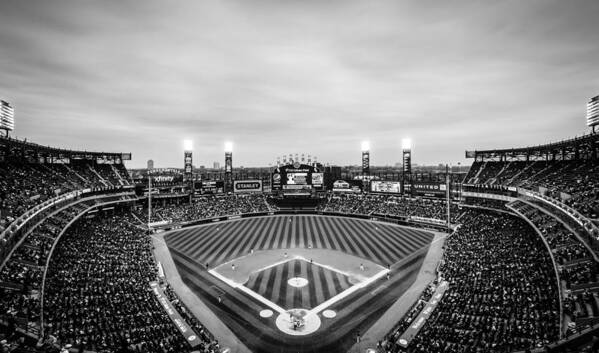 Chicago Art Print featuring the photograph Comiskey Park Night Game - Black and White by Anthony Doudt