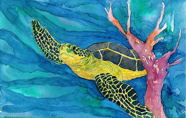 Sea Turtle Art Print featuring the painting Coral Sea Turtle by Anne Marie Brown