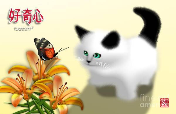 Asian Art Art Print featuring the digital art Curious Kitty and butterfly by John Wills